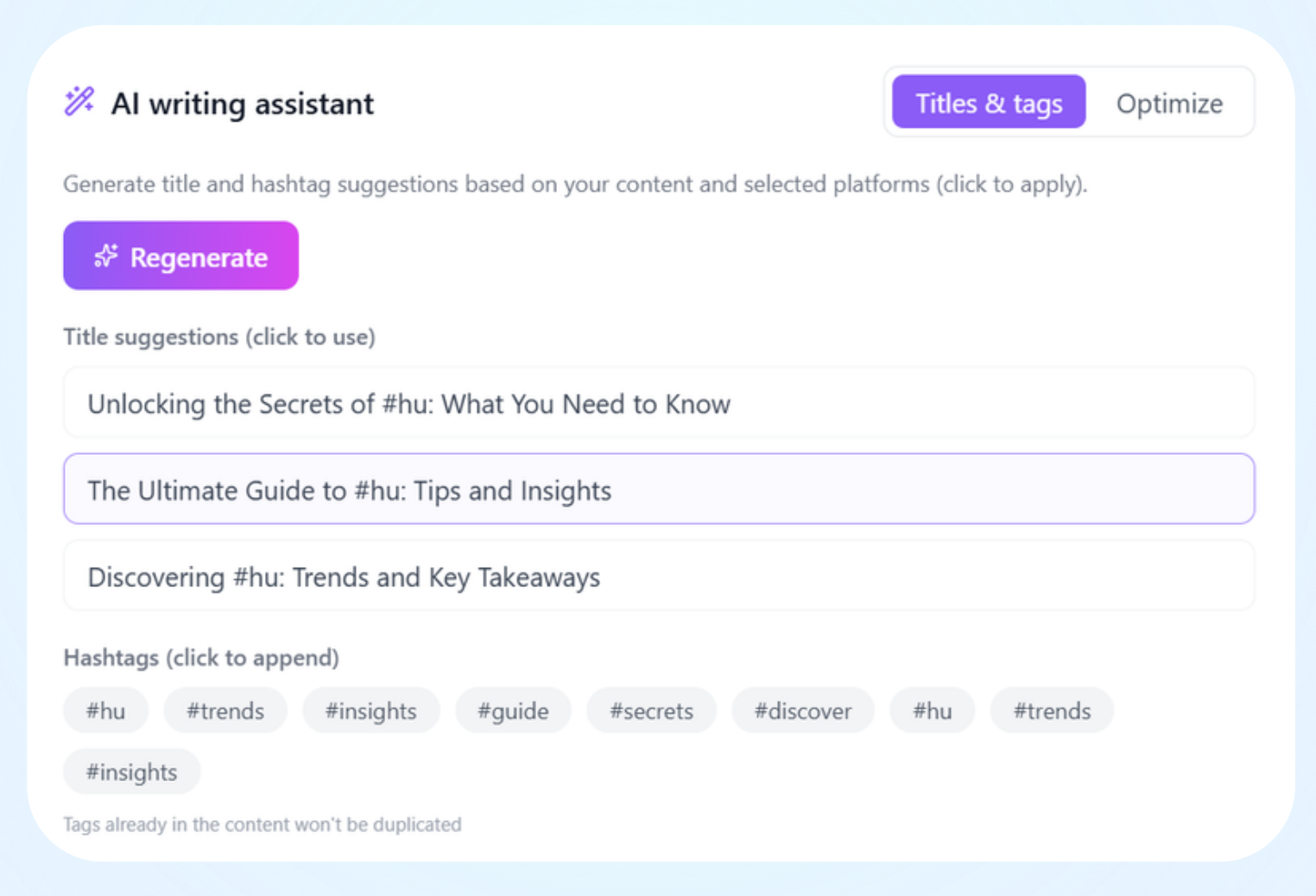 AI writing assistant — titles and tags
