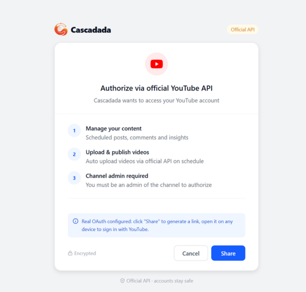 Authorize via official YouTube API